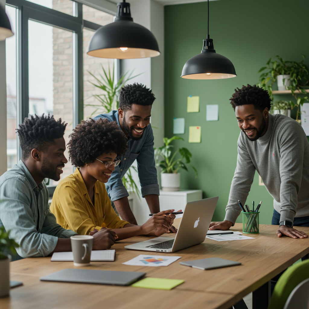 A diverse group of professionals collaborating in a modern office